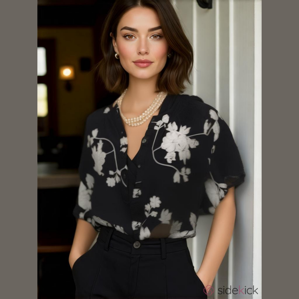 LAUREN MICHELLE Black Cotton White Floral Stitch Hawaii Button Down Shirt Top